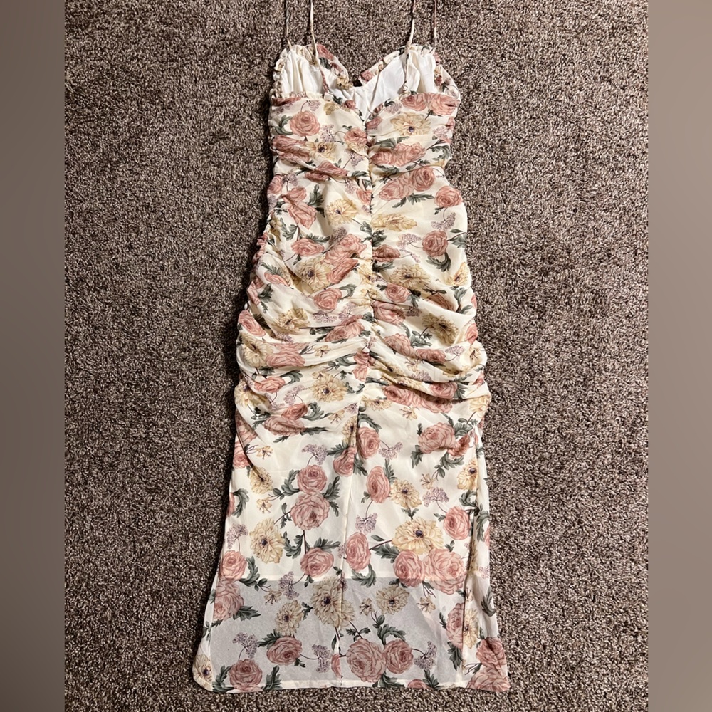 Vici Floral Ruched Midi Dress in Cream with Pink & Green Accents - Picture 14 of 16